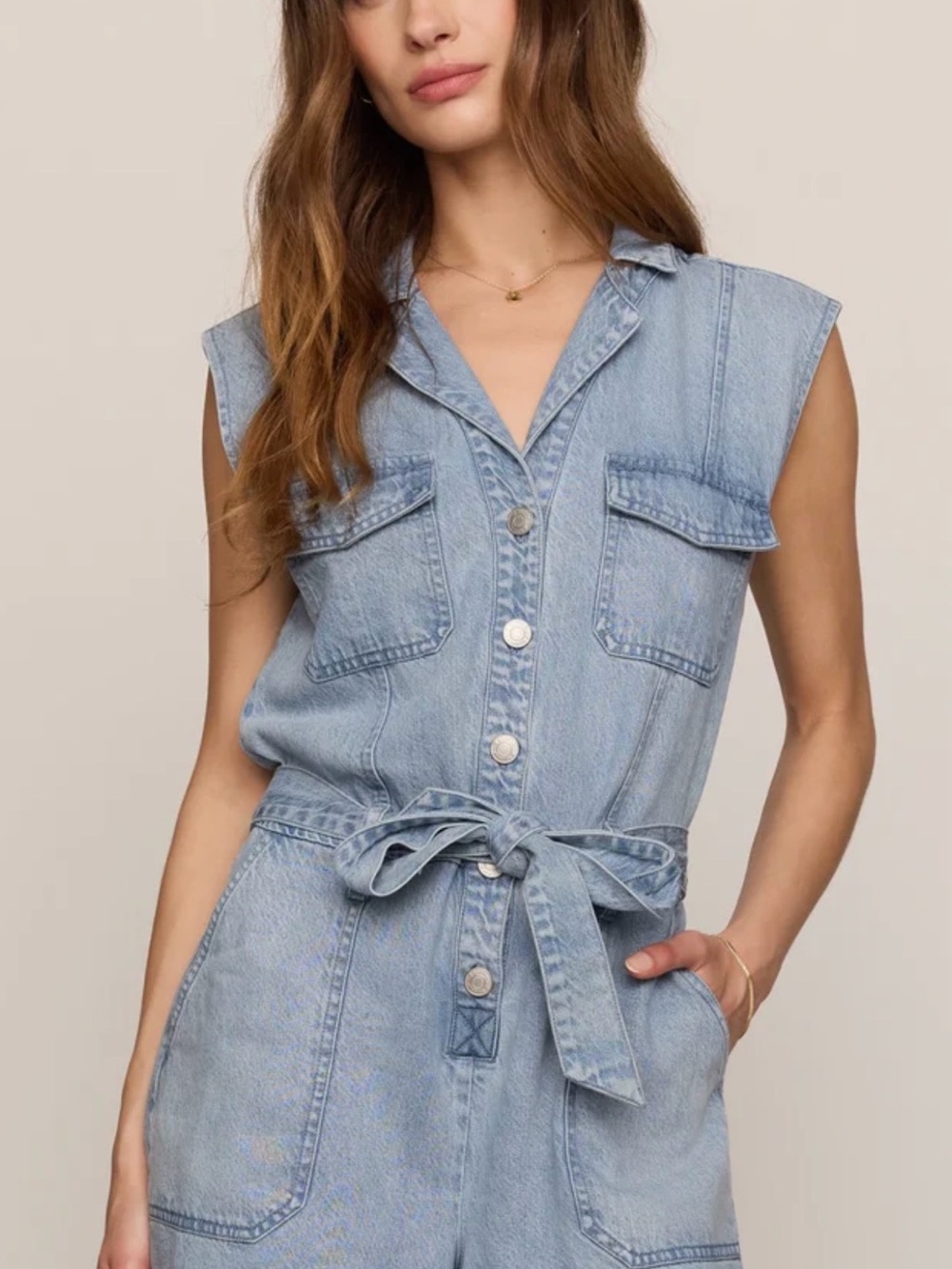 Z Supply DASH TWILL ROMPER Light Blue Sleeveless Denim Tie-Waist Jumpsuit